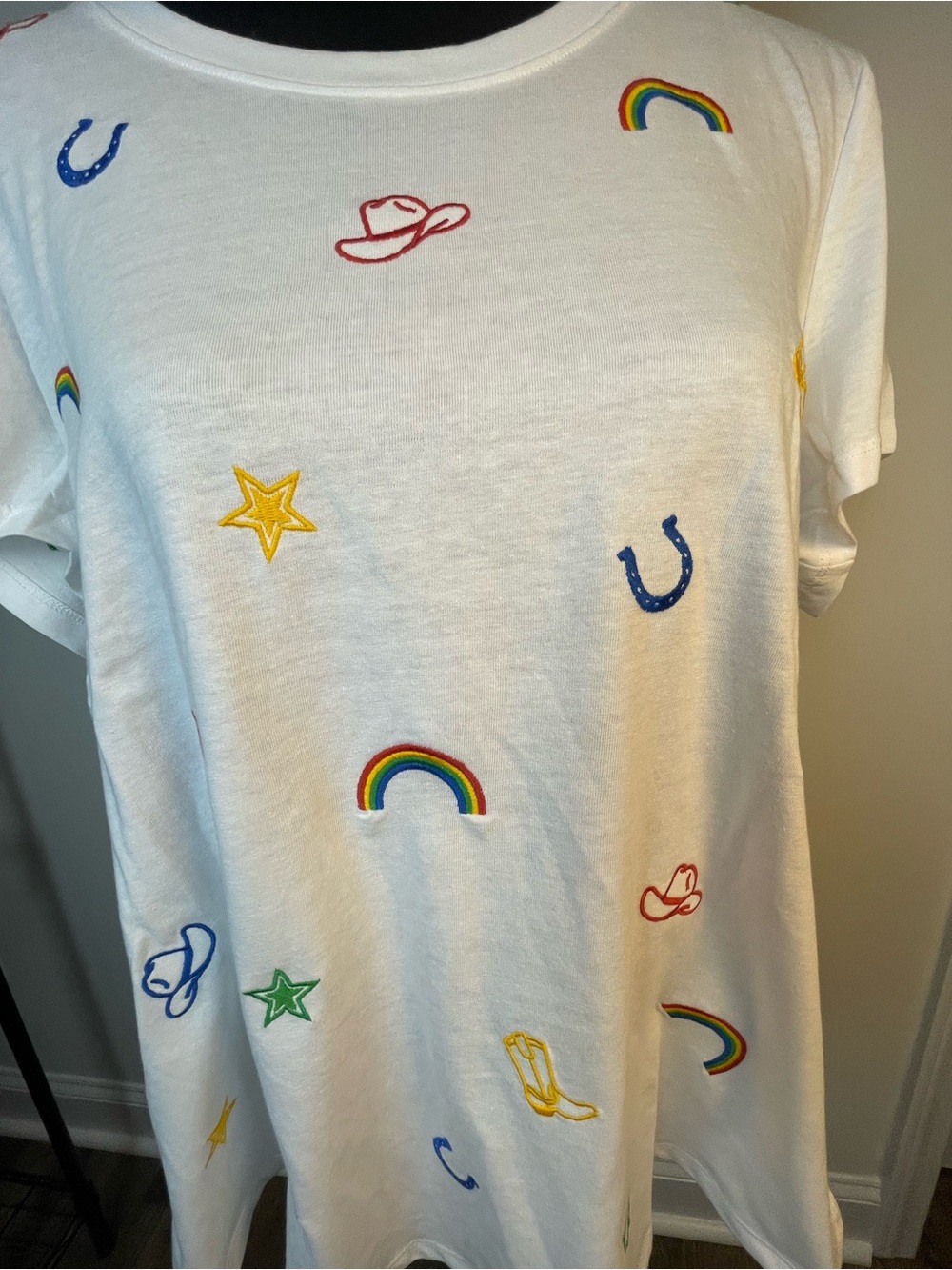 White Short Sleeve Tee with Multicolor Western & Rainbow Motifs